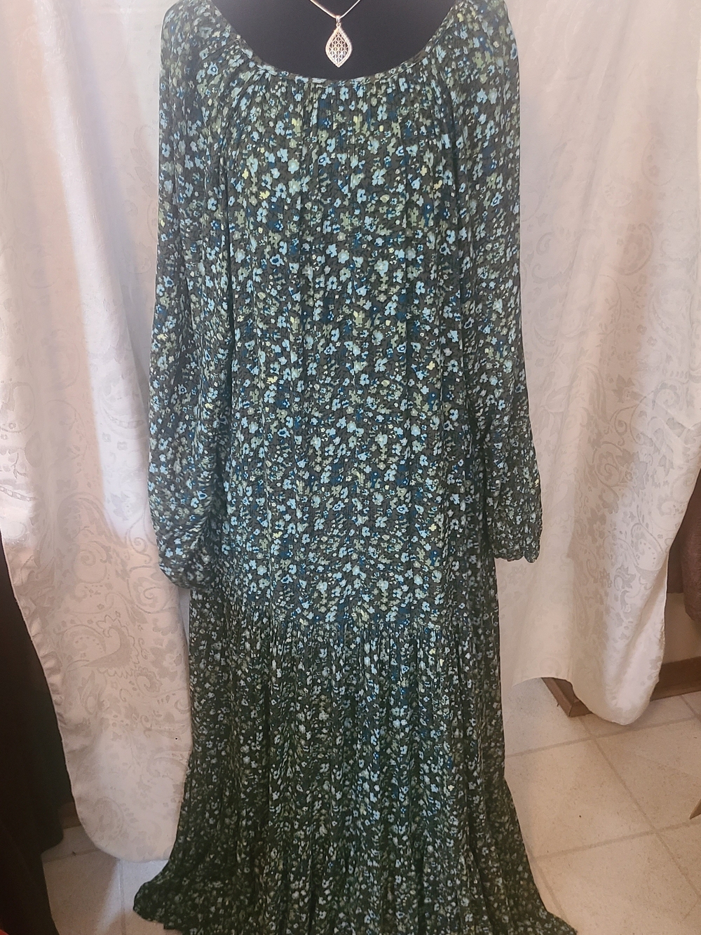 Bohemian Floral Maxi Dress in Teal and Black